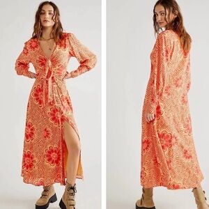 Free People Nappa Maxi Dress long sleeve retro Sz MEDIUM colorful floral EUC